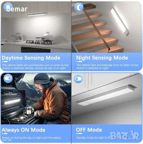 Комплект 3 броя LED USB лампи за гардероб със сензор за движение и магнитно закрепване, снимка 3 - Лед осветление - 55603288