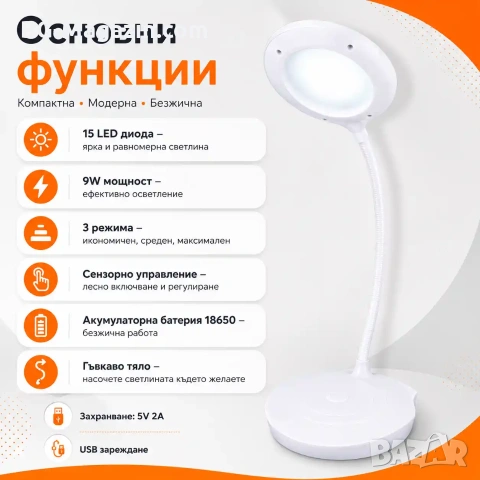 Настолна лампа с LED осветление нощна лампа лед за бюро четене учене детска стая спалня за учене, снимка 2 - Лед осветление - 51049334