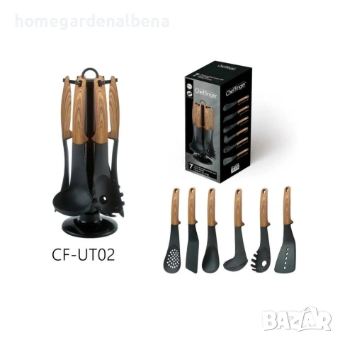 Комплект кухненски прибори Cheffinger 6 части въртяща се стойка дървесна визия, снимка 6 - Прибори за хранене, готвене и сервиране - 54165808