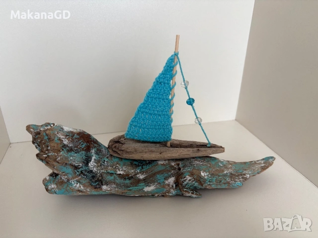 Дървена лодка с плетено платно, снимка 3 - Декорация за дома - 54072490