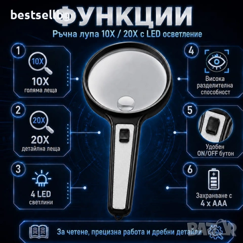 Голяма увеличителна ръчна лупа лед осветление за четене професионална, снимка 3 - Други инструменти - 42365906