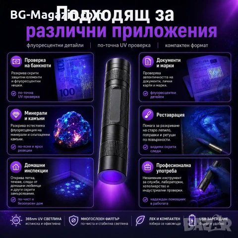 Малък акумулаторен мощен UV фенер 365nm с черен филтър ув фенерче лампа за камък смола урина силен, снимка 2 - Къмпинг осветление - 51027895