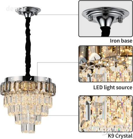 Полилей с LED кристали (K9 Crystal), регулируема височина, за таван и наклонен таван, снимка 6 - Полилеи - 54928804