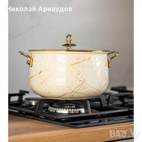 Тенджера Goldmann GM 8017-24B, 6.2L, 24x15см, Емайлирана, Индукция, Златист/Мрамор