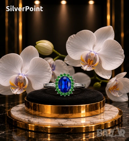 Сребърен пръстен със Сапфир Royal Blue и Цаворити със сертификат , снимка 6 - Пръстени - 54657630