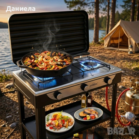 Газова печка HOMELUX с 3 горелки – 5.4 kW, комплект с маркуч и регулатор, идеален за къмпинг и двор