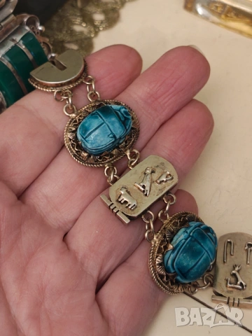 Антикварна сребърна гривна скарабей тюркоаз позлата, снимка 3 - Гривни - 54030386