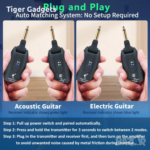 A9 Wireless Guitar System 2.4GHz – Безжична система за китара, бас и музикални инструменти (2TX + 1R, снимка 7 - Китари - 54958238