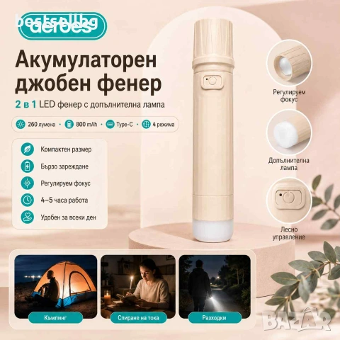 Акумулаторно LED фенерче Aerbes 260 лумена USB Type-C 800mAh с COB лампа и фокус