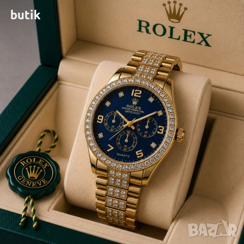 💙 Дамски часовник Rolex стил със син циферблат и кристали