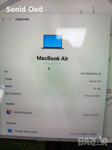 macbook air m3 15 инча 16GB 100% батерия, снимка 2 - Лаптопи за дома - 54108568