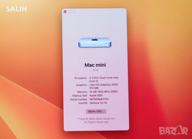 Mac Mini A1347 16GB RAM, 240GB SSD, i5 - отлично състояние, снимка 7 - Работни компютри - 54037926