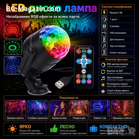 LED диско лампа топка крушка проектор осветление прожектор за домашно парти детско купони събирания, снимка 8 - Лед осветление - 51049409