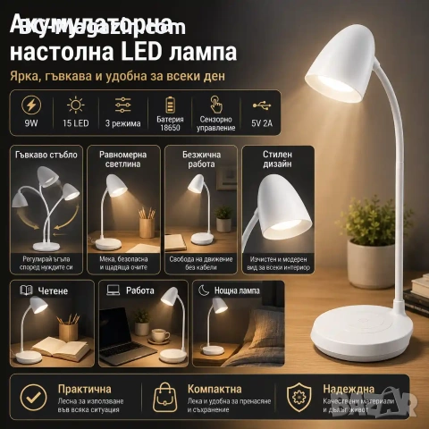 Акумулаторна LED настола лампа с лед осветление за бюро маникюр четене с чупещо рамо детска стая, снимка 8 - Лед осветление - 51049272