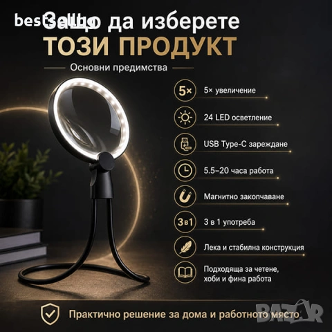 Голяма увеличителна лупа за врат за четене шиене бродиране гоблени настолна с LED осветление USB, снимка 4 - Други инструменти - 53090684