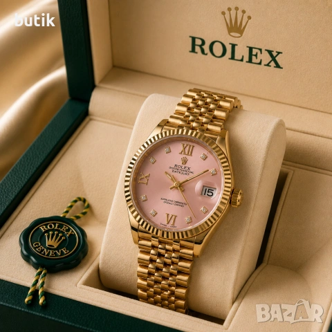 🌸 Дамски часовник Rolex стил с розов циферблат и кристали