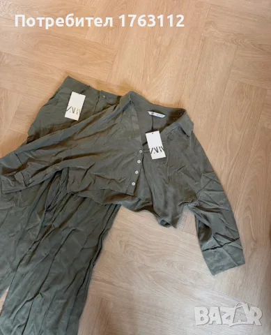 Zara дамски комплект панталони размер S и риза размер XS, цвят khaki, нови с етикет
