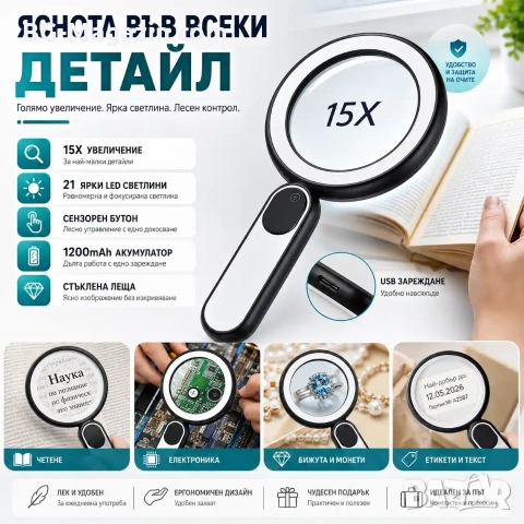Мощна голяма увеличителна лупа 15X LED осветление стъклена за четене на книга вестник с дръжка лед, снимка 9 - Други инструменти - 50919742