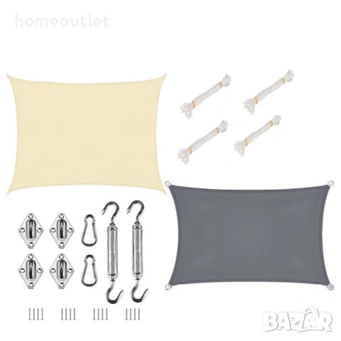 Водоустойчива тента с 95% UV защита, комплект с крепежни елементи, размер 2х3м - цвят крем / сиво