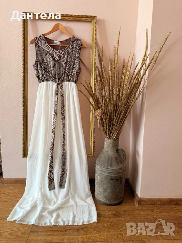 Елегантна дълга лятна рокля с етно мотиви и колан- макси модел