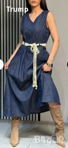 Елегантна Дълга дънкова рокля с колан