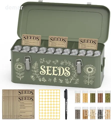 Метална кутия/органайзер за семена с ключалка, бурканчета и етикети