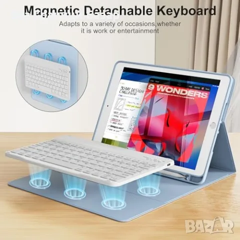 Нов Калъф с Bluetooth клавиатура за iPad 9/8/7 10.2, светлосин магнитен кейс Айпад, снимка 3 - Аксесоари за Apple - 55564702