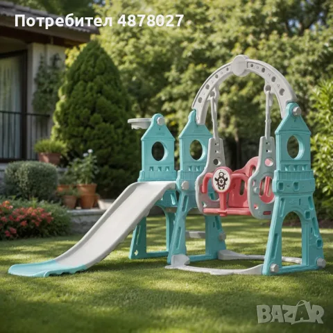 Детски комплект 4 в 1 с пързалка 160 см, люлка, баскетболен кош и топка – безопасна площадка за дома, снимка 8 - Детски люлки - 55443451