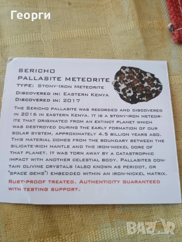 Натурален метеорит,паласит Sericho, снимка 7 - Колекции - 53970434