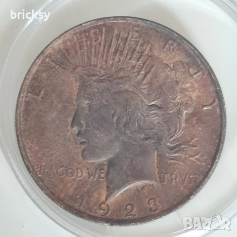 USA 1 Dollar 1923 Peace Dollar • Сребро .900 • патина, снимка 2 - Нумизматика и бонистика - 54823578