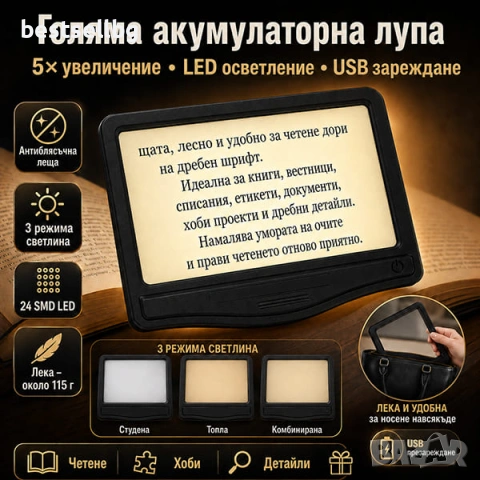 Акумулаторна голяма лупа за четене на книга вестник 5X с 24 LED светлини антиблясъчна леща и Type C