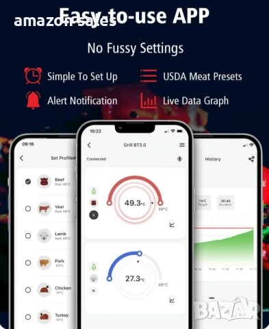 Безжичен Smart термометър за месо BFOUR BF-30 с голям LCD дисплей,100 м безжично управление, снимка 5 - Барбекюта - 54089056