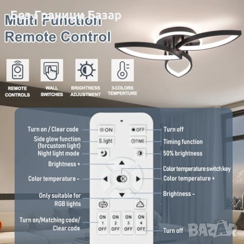 Нова Модерна LED таванна лампа Clover 50см 4480lm с App контрол дистанционно черна димируема, снимка 7 - Лед осветление - 54272381