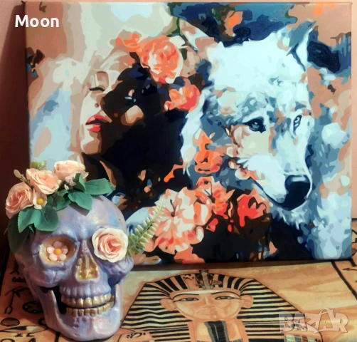 Арт комплект - картина и декориран череп с цветя