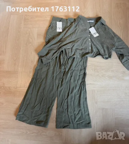 Zara дамски комплект панталони размер S и риза размер XS, цвят khaki, нови с етикет, снимка 2 - Комплекти - 55406914