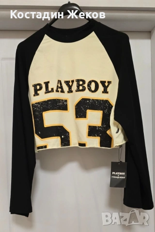  Нов със етикет. Оригинален дамски кроп топ Missguided x Playboy Long Sleeve Raglan Crop Top , снимка 5 - Корсети, бюстиета, топове - 55215669