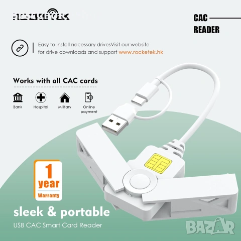 CAC четец 2 в 1 тип C с двоен конектор, DOD Military USB Common Access, четец за смарт карти