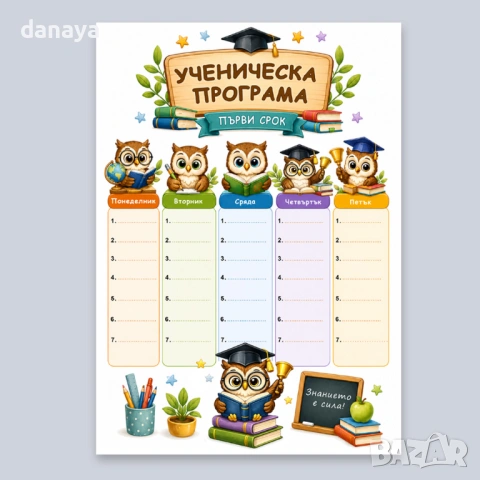 6658 Двустранна ученическа програма за училище, дизайн с бухалчета, формат А4