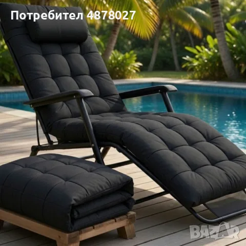 Луксозен градински шезлонг, сгъваем, с черна рамка и черна ватирана възглавница, 3 позиции на регули, снимка 9 - Градински мебели, декорация  - 55626489