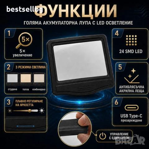 Акумулаторна голяма лупа за четене на книга вестник 5X с 24 LED светлини антиблясъчна леща и Type C, снимка 6 - Други инструменти - 42547981