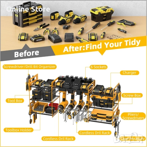 Стенен органайзер за електроинструменти с разклонител 6 гнезда и 8 държача, снимка 4 - Други стоки за дома - 54176385