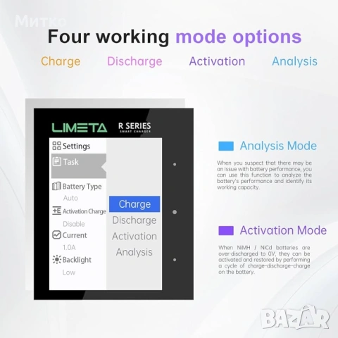 Зарядно устройство за батерии LIMETA R серия AA AAA, интелигентна презареждаща станция с LCD дисплей, снимка 6 - Батерии, зарядни - 54605885