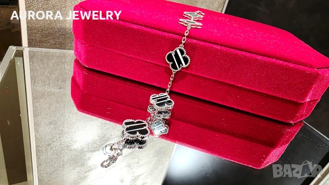 Van Cleef & Arpels VCA 5 Motifs Silver Veined Black Onyx Vintage Alhambra Дамска Гривна, снимка 5 - Гривни - 54710078