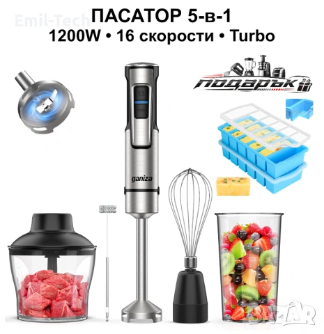 Пасатор Ganiza 5 в 1, 1200W, 16 скорости + Turbo, с подарък силиконови форми