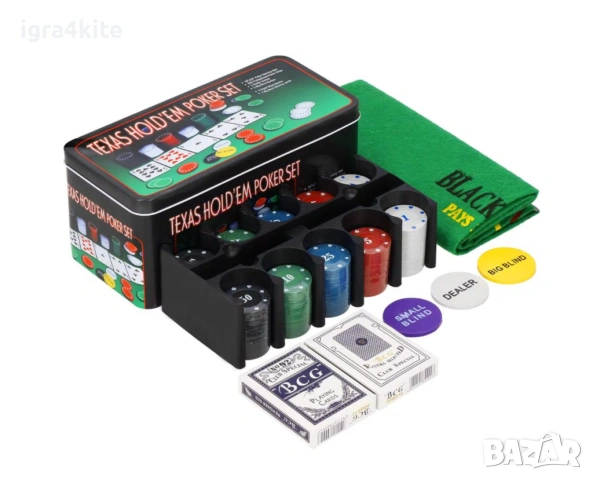 Голям сет Покер в метална кутия 200бр. POKER SET TEXAS с карти и постелка, снимка 2 - Рулетки - 46635683