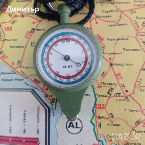 Армейски двустранен курвиметър КМ-59.А – СССР, отличен, с кожен калъф, снимка 2 - Спортна екипировка - 54538300