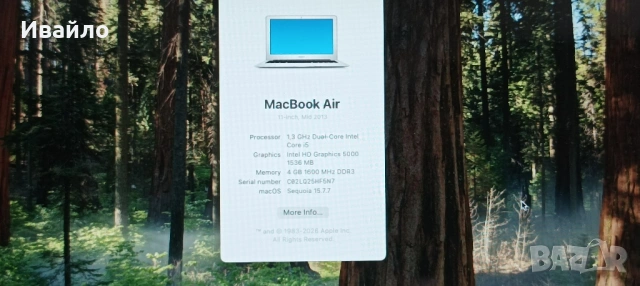  MacBook Air "Core i5" 1.7 11" (Mid-2013) A1465,OS Sequoia 15.7.7