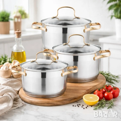 Комплект тенджери с елегантни златисти дръжки DJ24 + Подарък Ръчен чопър KN3, снимка 2 - Съдове за готвене - 54143077