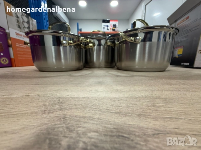 Луксозен комплект тенджери от неръждаема стомана със златни дръжки – 3 броя, снимка 11 - Съдове за готвене - 54166587