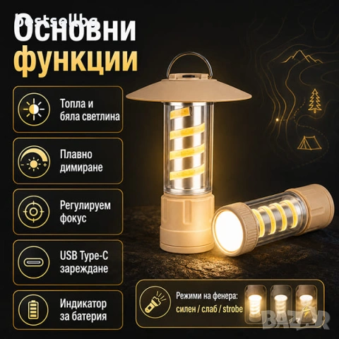 Мощна акумулаторна къмпинг лампа LED фенер USB зареждане кука за риболов туризъм палатка аварии, снимка 2 - Къмпинг осветление - 50861807